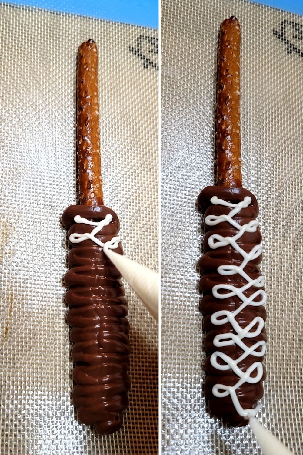 pipe ribbons of white candy coating for accent chocolate caramel pretzel logs