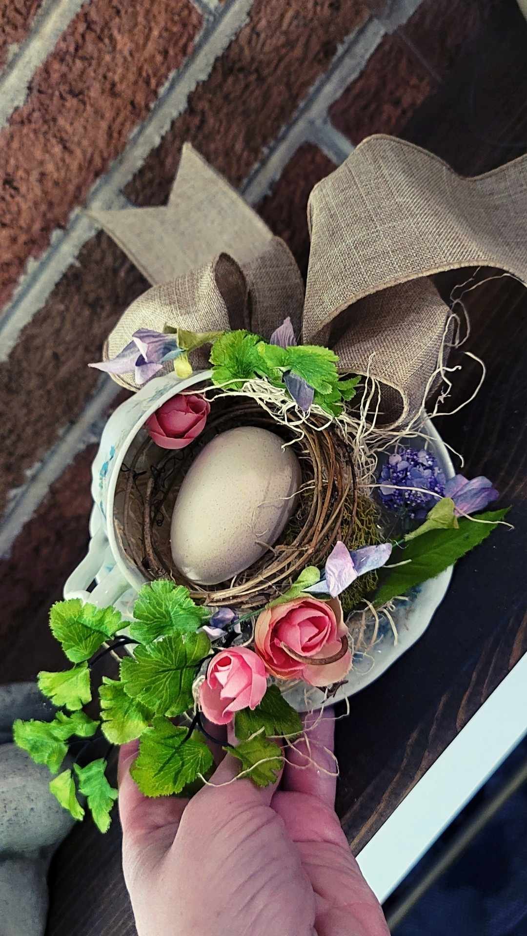 spring teacup nest DIY with bow